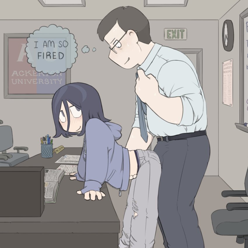 1boy 1other angel_martinez book bulge chair classroom clinical_trial_(game) clock denim english_text erection erection_under_clothes exit_sign formal_clothes from_side hand_on_another&#039;s_stomach height_difference highres homunculus100 hood hoodie indoors jeans lee_smith looking_at_another looking_down naughty_face necktie open_mouth pants rubbing seductive_smile smile speech_bubble sweat sweatdrop teacher_and_student teasing thinking torn_clothes torn_jeans torn_pants whiteboard