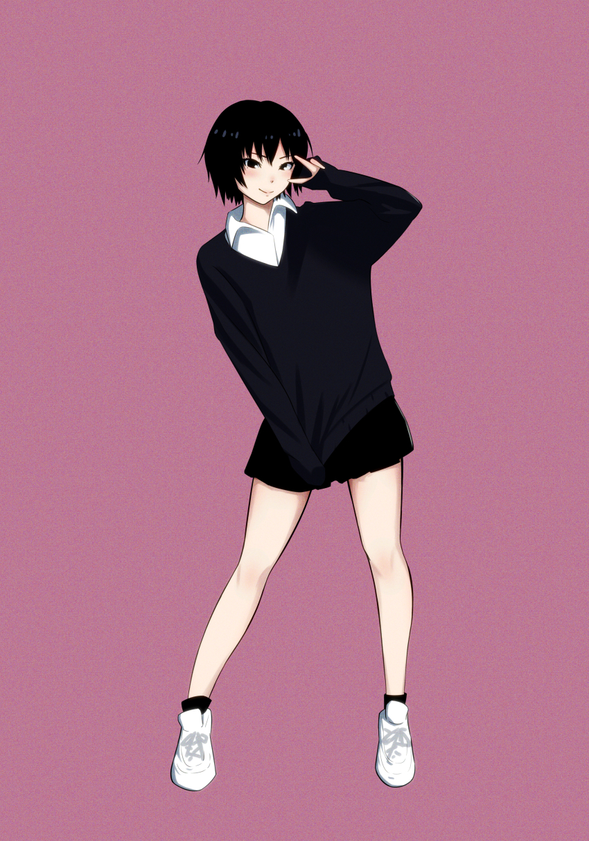 1girl absurdres adjusting_clothes amagami black_eyes black_hair black_skirt black_socks black_sweater blush closed_mouth commentary contrapposto film_grain full_body hair_between_eyes hand_up highres leaning_to_the_side long_sleeves looking_at_viewer miniskirt nanasaki_ai oshizu purple_background shirt shirt_tug shoes short_hair skirt sleeves_past_wrists smile sneakers socks solo sweater v v_over_eye white_shirt white_shoes