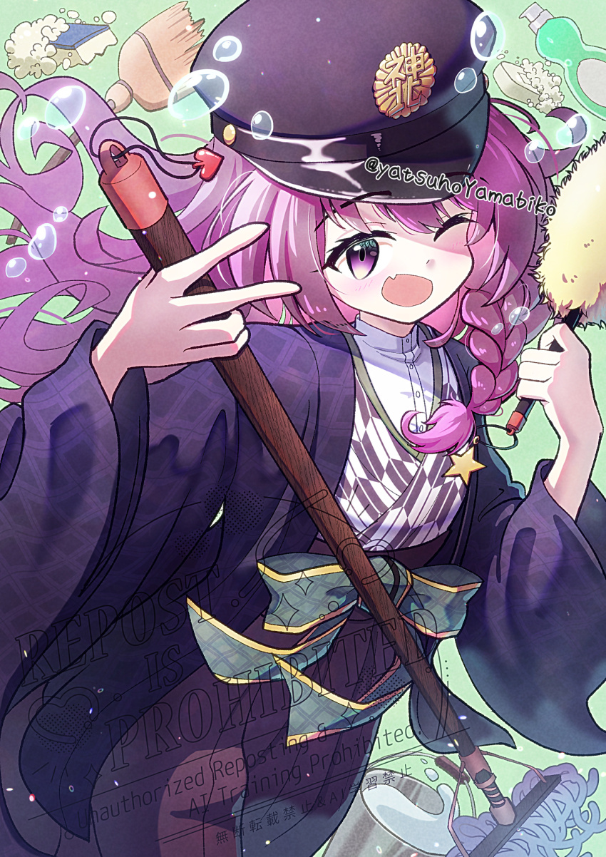 1girl bar_soap black_hat bow braid broom bucket bucket_of_water character_request commentary_request copyright_request eyelashes fang hat highres holding holding_mop long_hair mop one_eye_closed open_mouth pink_eyes pink_hair side_braid single_braid skin_fang smile soap_bottle soap_bubbles solo sponge v virtual_youtuber water_drop yatsuho_yamabiko