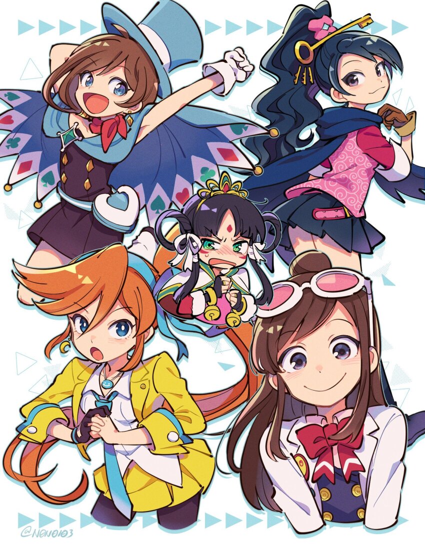 5girls :3 :d :o ace_attorney annoyed arm_behind_head arm_up athena_cykes badge bell belt_pouch black_cape black_dress black_gloves black_hair black_pantyhose black_scarf black_skirt blue_cape blue_eyes blue_hairband blue_headwear blue_necktie blue_ribbon blue_vest blush bow bowtie bracelet bridal_gauntlets brown_gloves brown_hair button_badge buttoned_cuffs buttons cape closed_mouth club_(shape) collared_shirt cowboy_shot cracking_knuckles crescent crescent_earrings cropped_arms cropped_jacket cropped_legs cropped_torso crown diamond_(shape) dress earrings ema_skye facial_mark forehead_mark formal_clothes from_behind gloves green_eyes hair_between_eyes hair_bun hair_ribbon hair_rings hairband hands_up hat heart high_ponytail highres jacket jewelry jingle_bell karakusa_(pattern) kay_faraday key_hair_ornament lapel_pin lapels long_hair looking_at_viewer medium_hair miniskirt multiple_girls necklace necktie nono_(norabi) open_mouth orange_hair pantyhose parted_bangs partially_fingerless_gloves pink-tinted_eyewear pink_shirt pleated_skirt ponytail pouch purple_eyes rayfa_padma_khura&#039;in red_bow red_bowtie red_scarf ribbon scarf shirt short_dress side_ponytail sidelocks single_glove skirt skirt_suit sleeve_cuffs smile spade_(shape) strapless strapless_dress suit swept_bangs three-quarter_sleeves tinted_eyewear top_hat trucy_wright untucked_shirt v-shaped_eyebrows very_long_hair vest wavy_hair white-framed_eyewear white_cape white_gloves white_jacket white_ribbon white_shirt yellow_jacket yellow_skirt