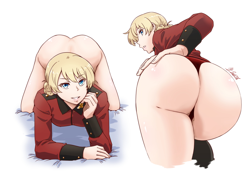 1girl all_fours artist_name bed_sheet blonde_hair blue_eyes bottomless braid commentary_request cropped_legs darjeeling_(girls_und_panzer) foreshortening from_behind girls_und_panzer hand_on_own_arm hand_on_own_ass highres jacket looking_back military military_jacket military_uniform no_pants on_bed panties parted_lips red_jacket red_panties satou_yasu short_hair signature smile solo st._gloriana&#039;s_military_uniform standing thong underwear white_background