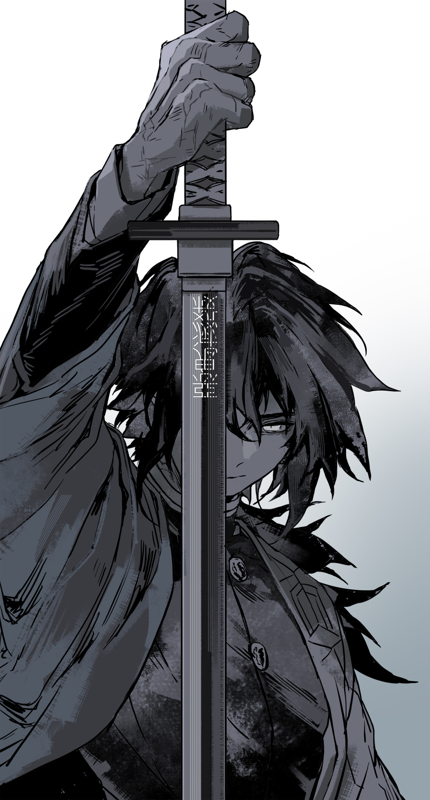 1boy 5a7ak absurdres arm_up black_hair closed_mouth demon_slayer_uniform gradient_background greyscale haori highres holding jacket japanese_clothes katana kimetsu_no_yaiba long_hair long_sleeves looking_at_viewer male_focus monochrome scar scar_on_hand serious simple_background slit_pupils sword sword_writing tomioka_giyuu upper_body weapon white_background