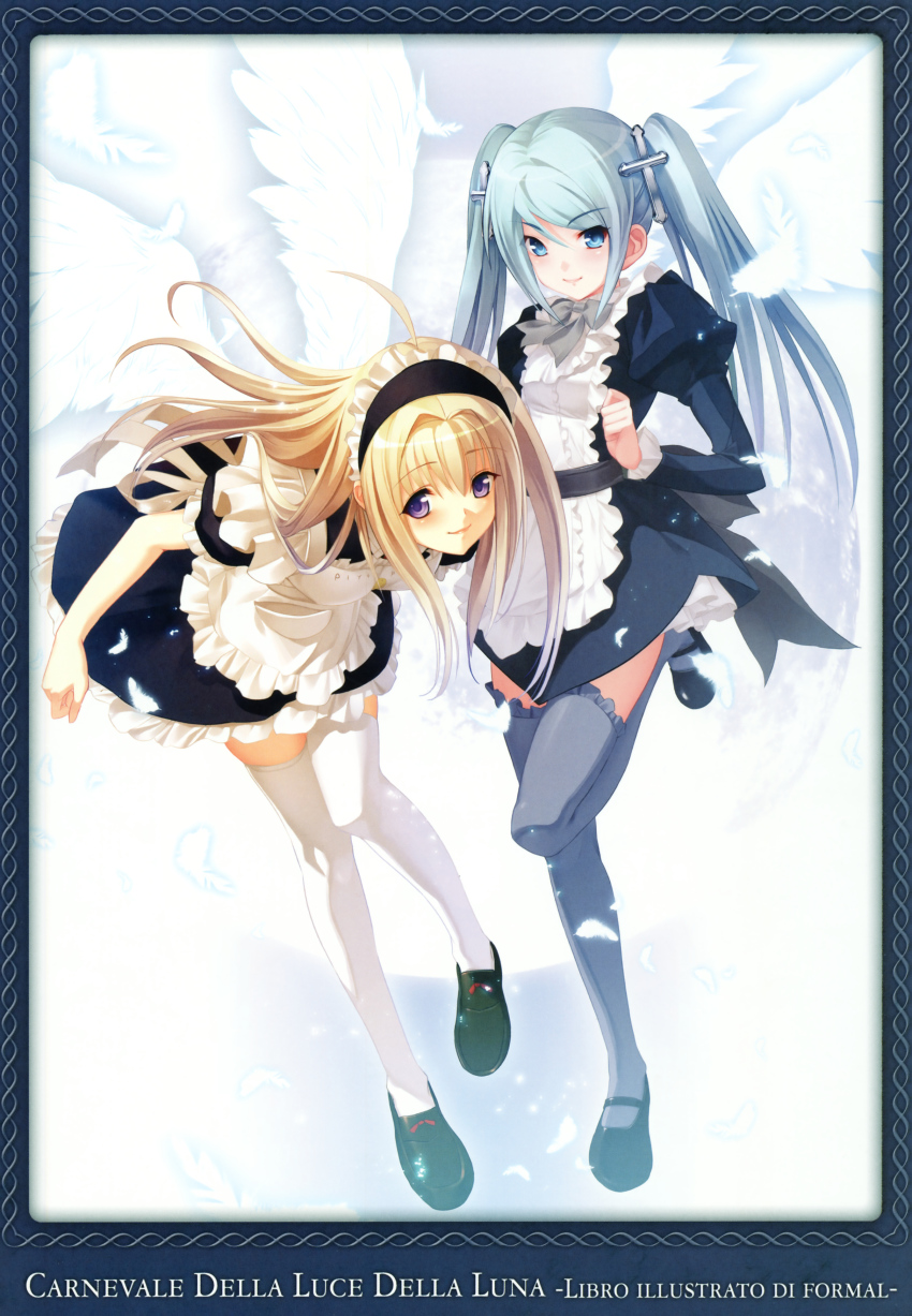 2girls absurdres anna_(gekkou_no_carnevale) bent_over blonde_hair blue_eyes blue_hair blue_legwear cross feathers frills gekkou_no_carnevale hair_ornament highres image_sample leg_lift long_hair lunaria maid maid_headdress mary_janes multiple_girls nitroplus oosaki_shin&#039;ya purple_eyes shoes smile thighhighs twintails white_legwear wings zettai_ryouiki