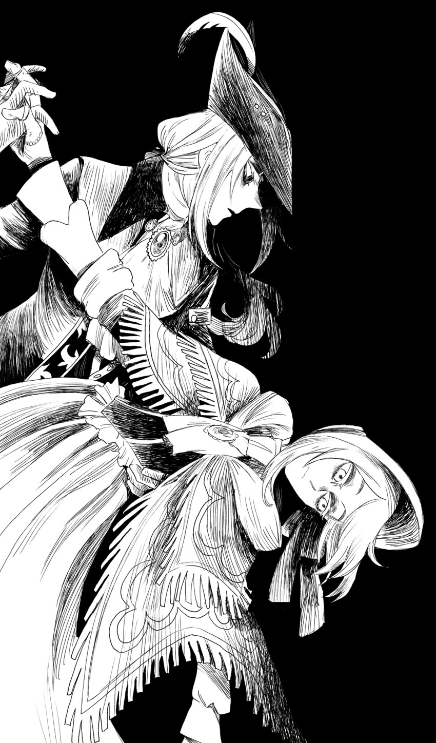 2girls bloodborne bonnet cape commentary dancing expressionless greyscale highres holding_hands kuropin lady_maria_of_the_astral_clocktower looking_at_another monochrome multiple_girls plain_doll