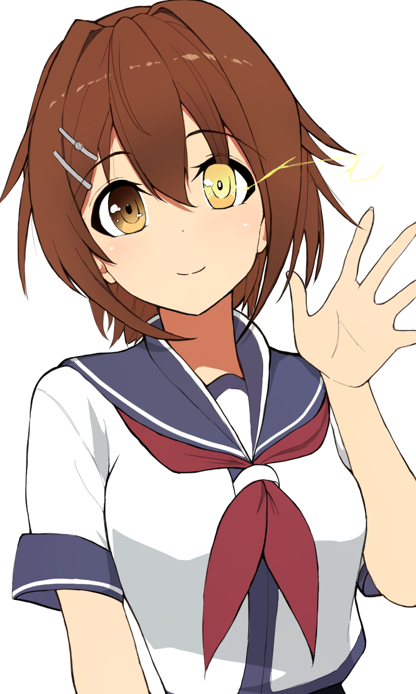 1girl brown_eyes brown_hair furutaka_(kancolle) glowing glowing_eye heterochromia highres kantai_collection looking_at_viewer neckerchief red_neckerchief sailor_collar sailor_shirt school_uniform serafuku shirt short_hair smile solo waving white_shirt yaguchi_ryuu yellow_eyes