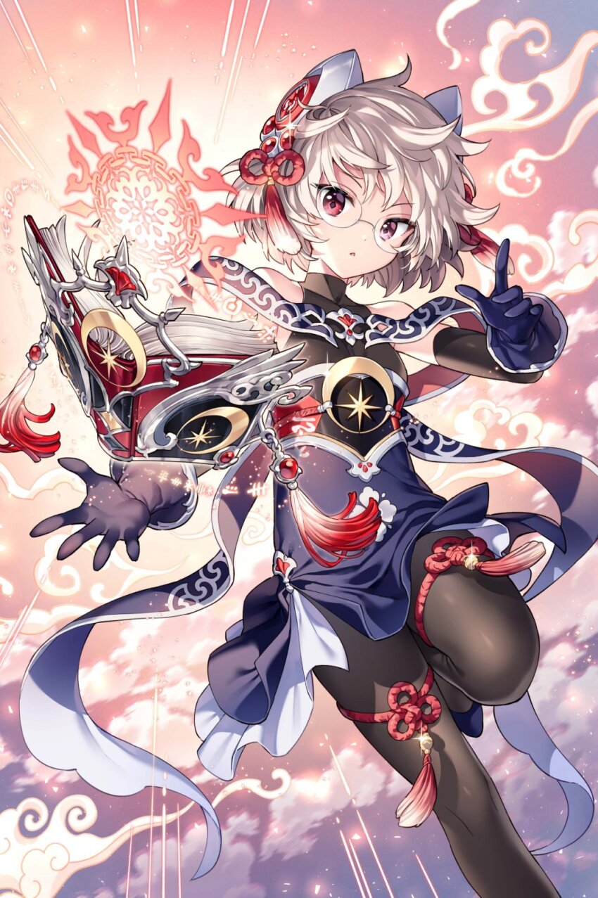 1girl black_pantyhose book chain_chronicle dress glasses gloves gold_trim grey_hair hair_ornament highres index_finger_raised magic_circle nardack naro_(chain_chronicle) object_floating_above_hand official_art open_hand pantyhose parted_lips red_eyes rimless_eyewear short_hair silver_trim sleeveless sleeveless_dress solo standing standing_on_one_leg tassel thigh_strap