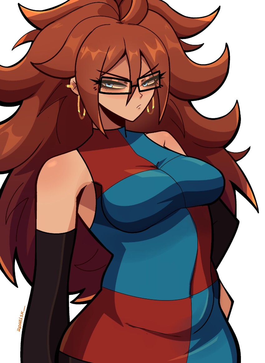 1girl android_21 artist_name black-framed_eyewear blue_eyes breasts checkered_clothes checkered_dress commentary detached_sleeves dhalsk dragon_ball dragon_ball_fighterz dress earrings glasses hair_between_eyes highres hoop_earrings jewelry long_hair red_ribbon_army simple_background solo two-tone_dress