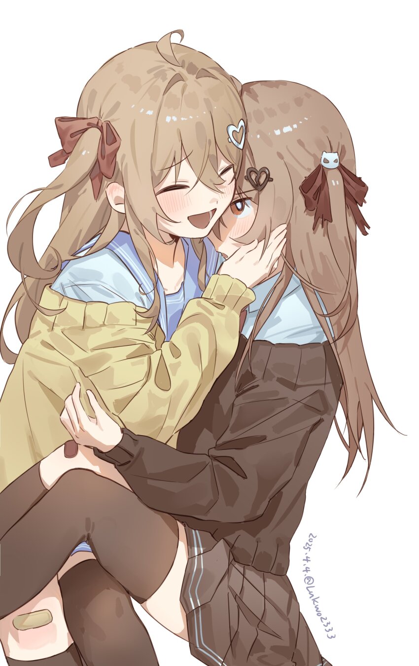 2girls absurdres ahoge asymmetrical_legwear bandaid bandaid_on_knee bandaid_on_leg black_cardigan black_skirt black_socks black_thighhighs blue_sailor_collar blue_shirt blue_skirt blush broken_heart_hair_ornament brown_hair cardigan closed_eyes dress_shirt evil_neuro-sama hair_between_eyes hair_ornament hair_ribbon heart heart_hair_ornament highres lexingzi long_hair multiple_girls neuro-sama off-shoulder_cardigan open_mouth pleated_skirt red_eyes red_ribbon ribbon sailor_collar shirt siblings single_sock single_thighhigh sisters sitting skirt skull_hair_ornament socks thighhighs twins two_side_up uneven_legwear vedal_ai virtual_youtuber yellow_cardigan