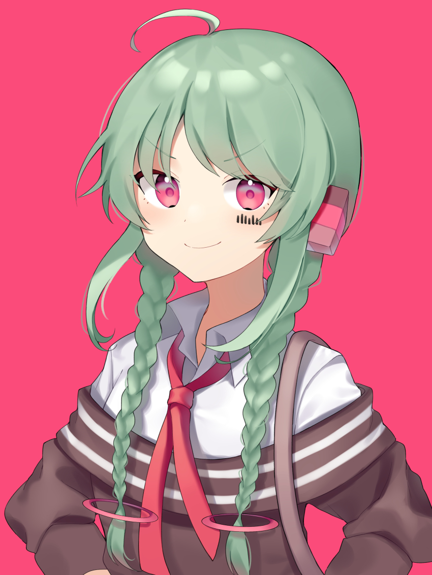 1bitheart 1girl absurdres ahoge braid brown_sweater closed_mouth collared_shirt facial_mark haema_(usnx2852) highres light_green_hair long_hair looking_at_viewer mekami_hiyu necktie off-shoulder_sweater off_shoulder red_background red_eyes red_necktie shirt smile solo sweater twin_braids white_shirt