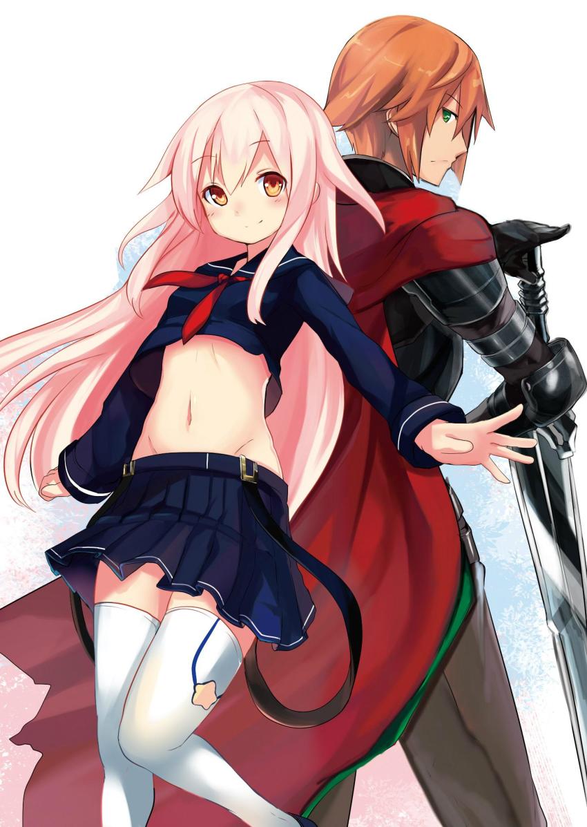 1boy 1girl back-to-back blush brown_eyes hero_and_daughter highres lara_(hero_and_daughter) long_hair midriff miniskirt navel official_art pink_hair pleated_skirt ralph_(hero_and_daughter) school_uniform serafuku skirt smile sword thighhighs very_long_hair weapon white_background white_thighhighs yoshizawa_tsubaki zettai_ryouiki