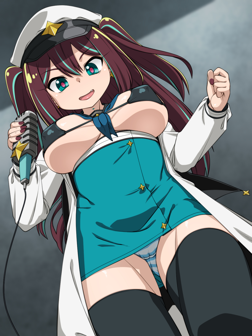 bikini black_bikini black_thighhighs breasts brown_hair clenched_hand gluteal_fold green_eyes hair_between_eyes high-waist_skirt highres holding holding_microphone jacket large_breasts loco_musica looking_at_viewer looking_down mahou_shoujo_ni_akogarete medium_hair microphone military multicolored_hair nail_polish nurugamer-kouyouju open_mouth panties sailor_collar short_twintails skirt smile streaked_hair striped_clothes striped_panties swimsuit thighhighs twintails underboob underwear white_jacket