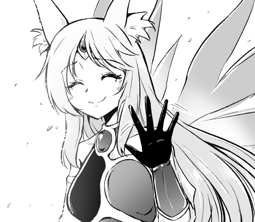 1girl animal_ear_fluff animal_ears apollousa_bow_of_the_goddess bare_shoulders blush closed_eyes commentary_request duel_monster greyscale kachuten long_hair monochrome simple_background solo tears upper_body waving white_background yu-gi-oh!