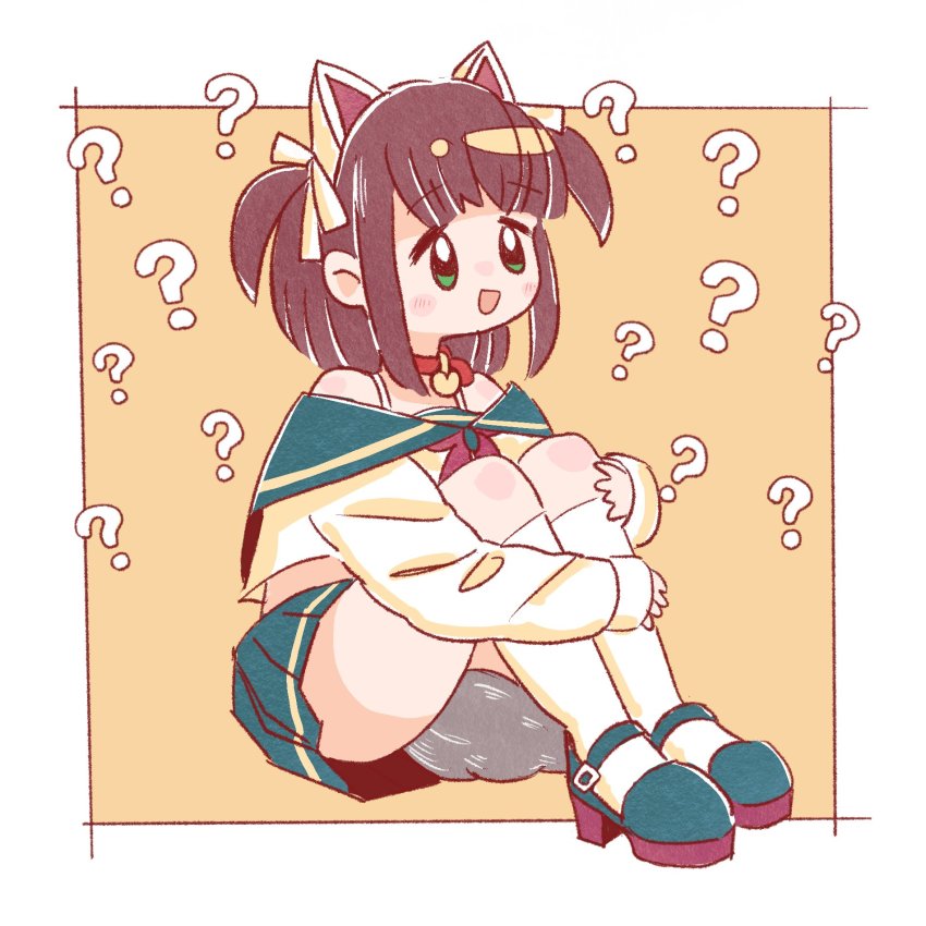1girl animal_ears azur_lane blue_dress bow brown_hair collar dog_ears dog_tail dress ear_ribbon green_eyes heart_collar highres hugging_own_legs kneehighs koru_koruno light_blush long_sleeves miniskirt off_shoulder open_mouth pleated_skirt red_collar sailor_collar shiratsuyu_(azur_lane) short_hair short_twintails shoulder_strap sitting skirt sleeves_past_wrists socks solo tail twintails two_side_up
