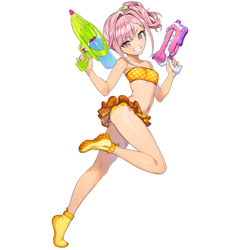 1girl ass bikini bikini_skirt clenched_teeth dark-skinned_female dark_skin dolphin_wave dual_wielding flat_chest game_cg hair_bobbles hair_intakes hair_ornament highres holding holding_water_gun jumping leg_up light_smile looking_at_viewer navel non-web_source official_alternate_costume official_art ootomo_takuji orange_bikini pink_eyes pink_hair polka_dot polka_dot_bikini shoes side_ponytail solo strapless strapless_bikini swimsuit tan teeth transparent_background urami_kana water_gun yellow_shoes