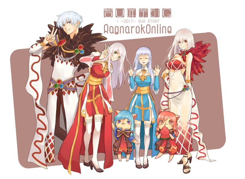 1boy 2017 5girls absurdres animal_ears arch_bishop_(ragnarok_online) argyle_clothes argyle_dress argyle_shirt black_sandals black_shoes blue_capelet blue_dress blue_hair bow bowtie breasts brown_bow brown_bowtie brown_pants capelet cat_ears cat_girl cleavage cleavage_cutout closed_eyes closed_mouth clothing_cutout commentary_request copyright_name cross detached_sleeves dress frilled_thighhighs frills full_body fur_collar furry furry_female grey_eyes high_heels highres juliet_sleeves large_breasts long_hair long_sleeves looking_at_viewer medium_breasts multiple_girls pants pink_eyes pink_hair puffy_sleeves purple_eyes ragnarok_online red_dress sandals sash see-through_clothes see-through_dress shirt shoes short_hair sleeveless sleeveless_dress smile sorcerer_(ragnarok_online) standing summoner_(ragnarok_online) thighhighs two-tone_dress v vambraces w051 white_background white_dress white_hair white_shirt white_sleeves white_thighhighs yellow_sash