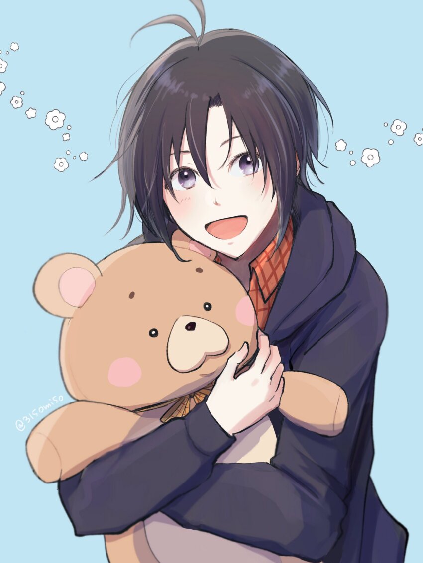 antenna_hair black_hair blue_background blue_hoodie blush floral_background floral_print highres holding hood hoodie idolmaster idolmaster_(classic) iso_(nh15mint) kikuchi_makoto looking_at_viewer parted_bangs plaid_clothes plaid_shirt purple_eyes red_shirt shirt sidelocks stuffed_animal stuffed_toy teddy_bear