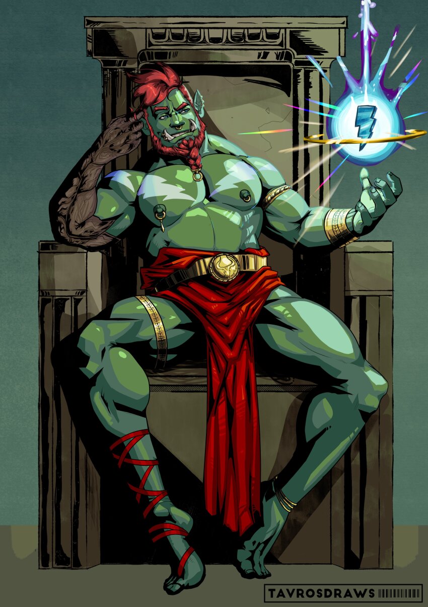 1boy absurdres ancient_greek_clothes anklet asymmetrical_footwear beard biceps braid braided_beard brown_hair clothes_down colored_skin elbow_rest electricity electrokinesis face_piercing facial_hair florakinesis full_beard full_body gold gradient_skin greco-roman_clothes green_skin hades_(series) hairy highres jewelry king large_pectorals leglet lightning_bolt_symbol long_beard looking_to_the_side male_focus mature_male monster_boy muscular muscular_male nipple_piercing nipple_rings nipples nose_piercing nose_ring orc original pectorals piercing pointy_ears short_hair sitting_on_throne spread_legs strongman_waist tavrosdraws thick_beard thick_eyebrows thighs topless_male tusks undercut zargaron_(rosegorc)