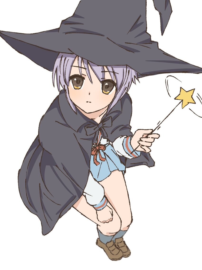 black_cape black_hat blue_sailor_collar blue_skirt brown_shoes cape clenched_hand closed_mouth collarbone expressionless full_body grey_socks hand_on_own_knee hat highres holding holding_wand kita_high_school_uniform kneehighs knees large_hat layered_sleeves loafers long_sleeves miniskirt nagato_yuki purple_hair red_ribbon ribbon sailor_collar school_uniform serafuku shoes short_hair simple_background sitting skirt socks star_wand suzumiya_haruhi_no_yuuutsu thighs waka_849 wand white_background witch witch_hat yellow_eyes