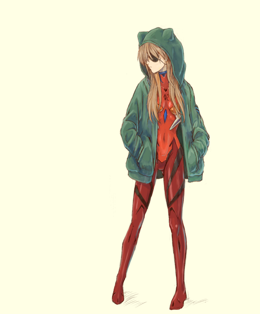 1girl bodysuit bodysuit_under_clothes brown_hair evangelion:_3.0+1.0_thrice_upon_a_time expressionless eyepatch full_body hands_in_pockets hat hat_under_hood highres interface_headset_(evangelion) jacket kazumina long_hair mecha_pilot_suit neon_genesis_evangelion plugsuit_(evangelion) rebuild_of_evangelion red_bodysuit shiny_clothes simple_background smile souryuu_asuka_langley standing track_jacket wide_hips