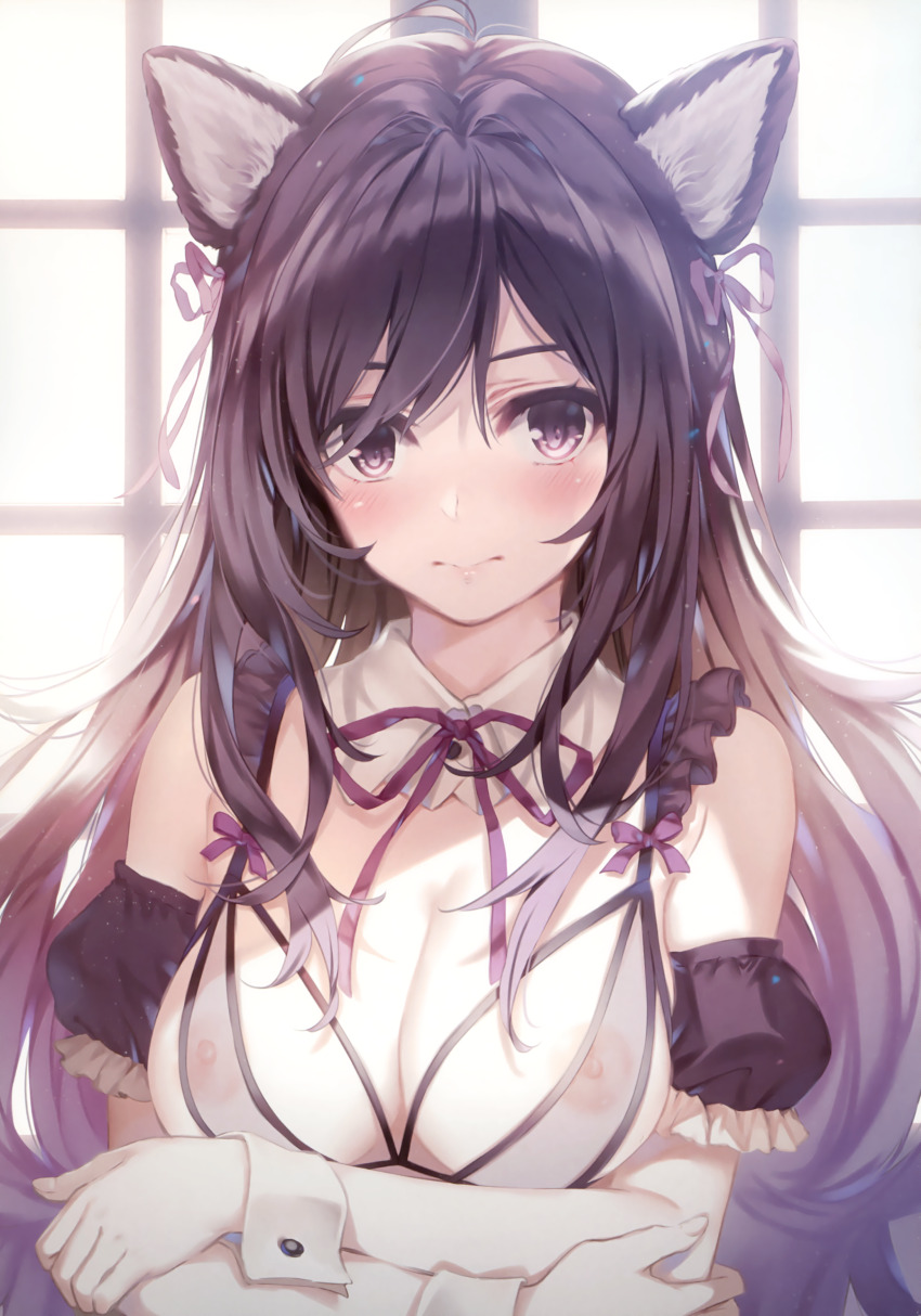 1girl absurdres animal_ear_fluff animal_ears bare_shoulders black_hair blush bow bowtie breasts brown_eyes brown_hair buttons closed_mouth comic_aun crossed_arms day detached_collar fingernails frills hair_bow highres indoors lips long_hair looking_at_viewer medium_breasts misaki_kurehito nipples puffy_short_sleeves puffy_sleeves scan see-through_clothes short_sleeves simple_background upper_body window wrist_cuffs