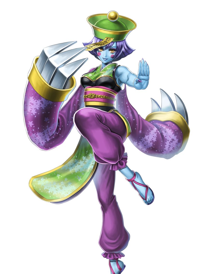 1girl alternate_costume blue_skin blush_stickers breasts capcom claws colored_skin company_connection darkstalkers female_focus flipped_hair full_body hat highres hsien-ko jiangshi mado*pen no_socks official_art ofuda onimusha_soul qingdai_guanmao sandals simple_background solo standing standing_on_one_leg white_background yellow_eyes