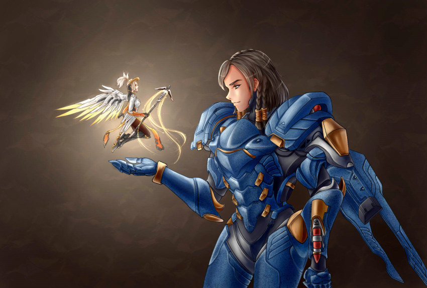 2girls armor armored_boots black_gloves black_hair blonde_hair bodysuit boots braid breastplate breasts brown_legwear closed_mouth dark-skinned_female dark_skin floating gauntlets gloves glowing greaves hair_ornament hair_tie hair_tubes halo headgear high_heel_boots high_heels highres holding holding_staff jetpack knee_boots knee_pads loincloth long_hair mechanical_halo mechanical_wings mercy_(overwatch) midair multiple_girls no_headwear overwatch overwatch_1 pantyhose pauldrons pelvic_curtain pharah_(overwatch) ponytail power_armor power_suit qingyuan short_hair shoulder_armor shoulder_pads side_braids sidelocks smile spread_wings staff thrusters turtleneck wings