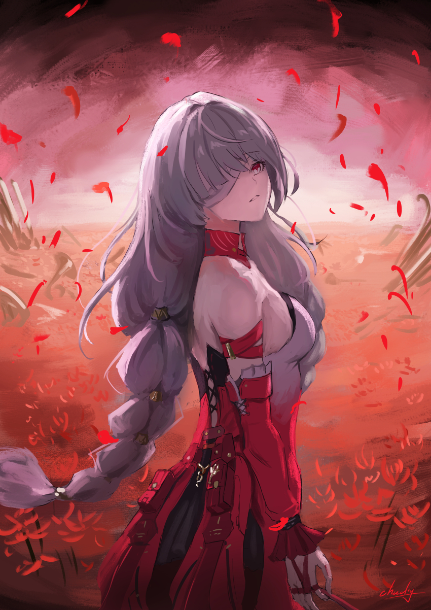 1girl absurdres bandage_over_one_eye bandages bare_shoulders braid chucky_(chucky1000sun) commentary detached_sleeves dress flower from_side gradient_clothes gradient_dress grey_hair highres long_hair looking_at_viewer low_twin_braids phrolova_(wuthering_waves) red_dress red_petals red_pupils red_sleeves signature single_detached_sleeve solo spider_lily standing twin_braids very_long_hair wuthering_waves