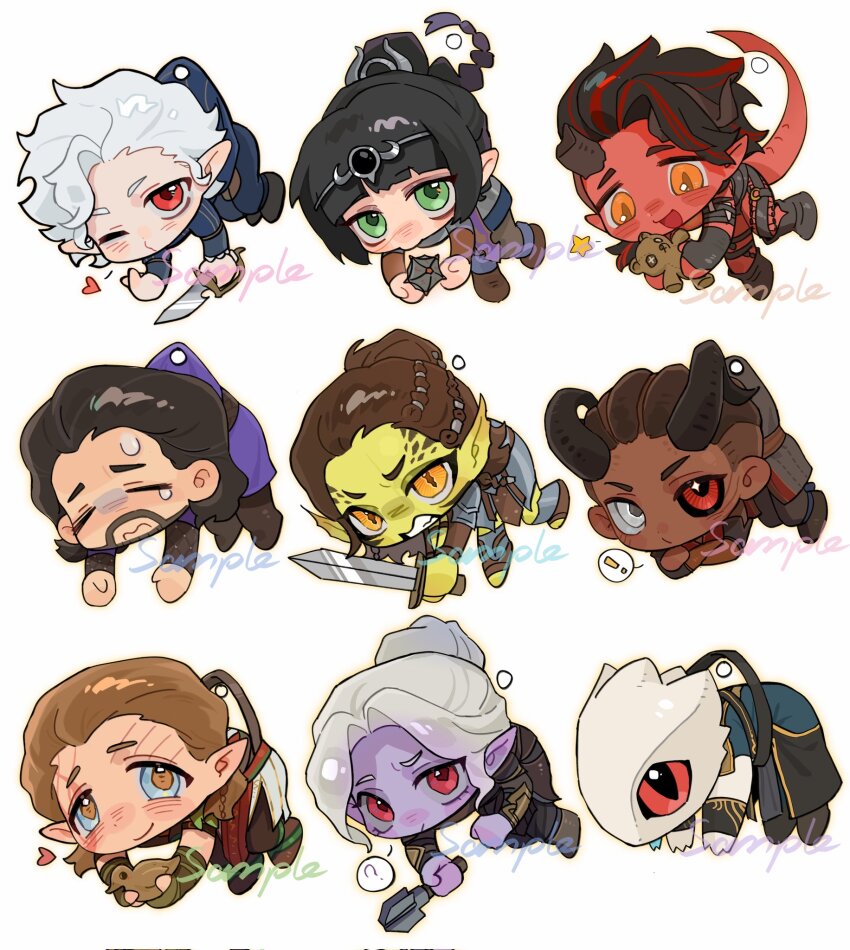 4girls 5girls astarion baldur&#039;s_gate baldur&#039;s_gate_3 black_hair brown_hair chibi chibi_only colored_skin demon_girl demon_horns demon_tail dragonborn_(d&amp;d) dungeons_&amp;_dragons dungeons_&amp;_dragons elf full_body gale_(baldur&#039;s_gate) gith_(d&amp;d) green_eyes green_skin halsin heart highres holding holding_sword holding_weapon horns karlach lae&#039;zel looking_at_viewer minthara multiple_girls open_mouth orange_eyes pointy_ears red_eyes red_skin sample_watermark shadowheart_(baldur&#039;s_gate) short_hair simple_bird smile sword tail the_dark_urge_(baldur&#039;s_gate) tiefling watermark weapon white_background white_eyes white_hair wyll_(baldur&#039;s_gate) yellow_eyes yy20251111