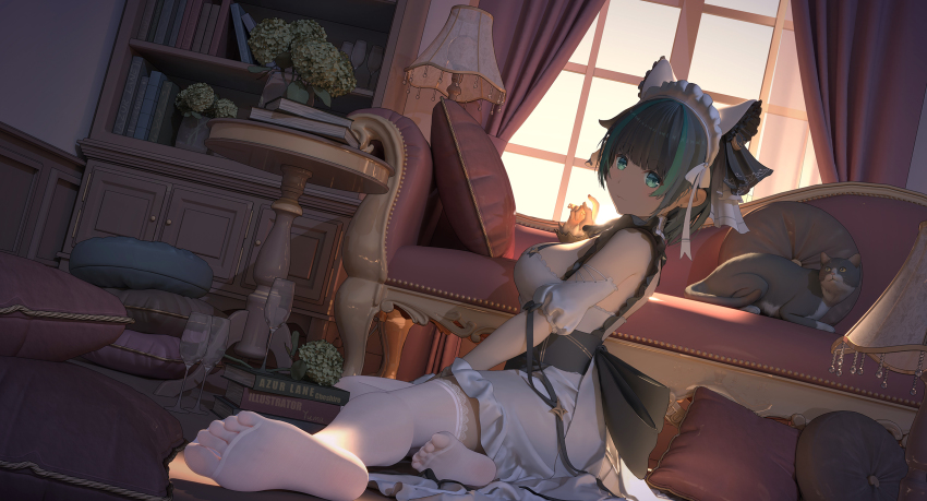 1girl :3 animal_ears apron aqua_eyes aqua_hair artist_name azur_lane back_bow bare_shoulders book bookshelf bow breasts cat cat_ears character_name cheshire_(azur_lane) couch detached_sleeves dress fake_animal_ears frilled_hairband frilled_ribbon frills from_side full_body grey_cat grey_hair hairband highres indoors lace lace-trimmed_legwear lace_trim lamp large_breasts long_ribbon looking_at_viewer maid maid_headdress medium_hair multicolored_hair pillow puffy_detached_sleeves puffy_sleeves purple_apron ribbon sitting soles solo streaked_hair thighhighs two-tone_hair white_dress white_thighhighs window wrist_cuffs yellow_eyes yuma_(lyq_yume)