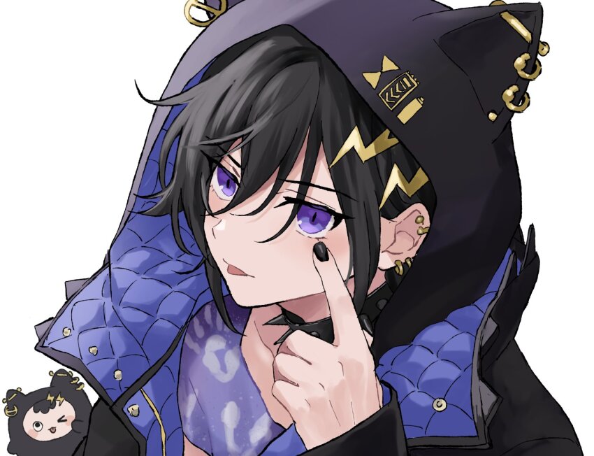 1boy animal_ear_hood animal_hood bishounen black_collar black_hair black_nails cat_hood collar earrings eyelashes fake_animal_ears hair_between_eyes hair_ornament hairclip hairpin handprint hashtag-only_commentary holostars hood hood_up jacket jewelry kanade_izuru kanade_izuru_(1st_costume) lapel_pin lightning_bolt lightning_bolt_hair_ornament lightning_bolt_symbol looking_at_viewer male_focus mioto_(tsubsq_m) multiple_hairpins open_mouth padded_jacket portrait purple_eyes short_hair slit_pupils solo spiked_collar spikes tongue tongue_out two-sided_fabric two-sided_jacket unhinged_izuru_(kanade_izuru) virtual_youtuber white_background