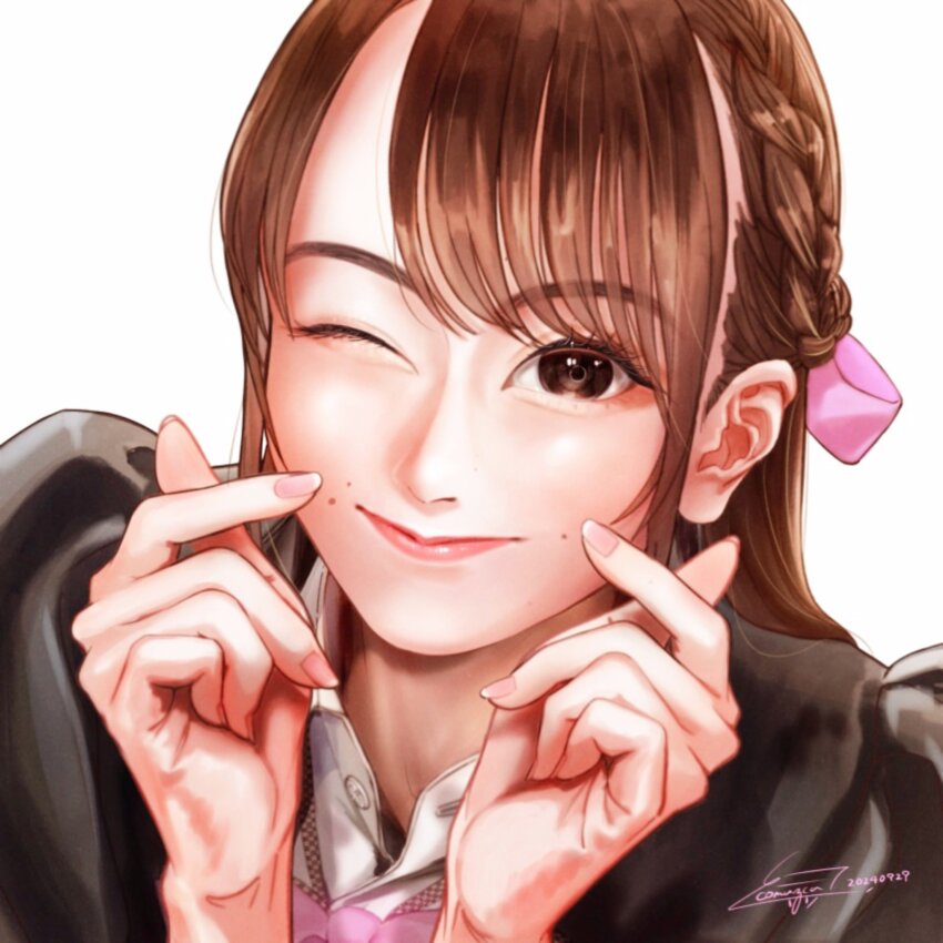 1girl ;) actor actor_connection artist_name assault_lily black_jacket bow bowtie braid brown_eyes brown_hair buttons closed_mouth collared_shirt commentary_request cosplay dated double_finger_heart finger_heart fingernails fukuyama_jeanne_sachie fukuyama_jeanne_sachie_(cosplay) hair_ribbon half_up_braid hands_up highres jacket komuzuka long_hair looking_at_viewer ludvico_private_girls&#039;_academy_school_uniform mole mole_above_mouth nakamura_yukari_(voice_actor) one_eye_closed pink_bow pink_bowtie pink_ribbon real_life ribbon school_uniform shirt signature simple_background smile solo upper_body white_background white_shirt