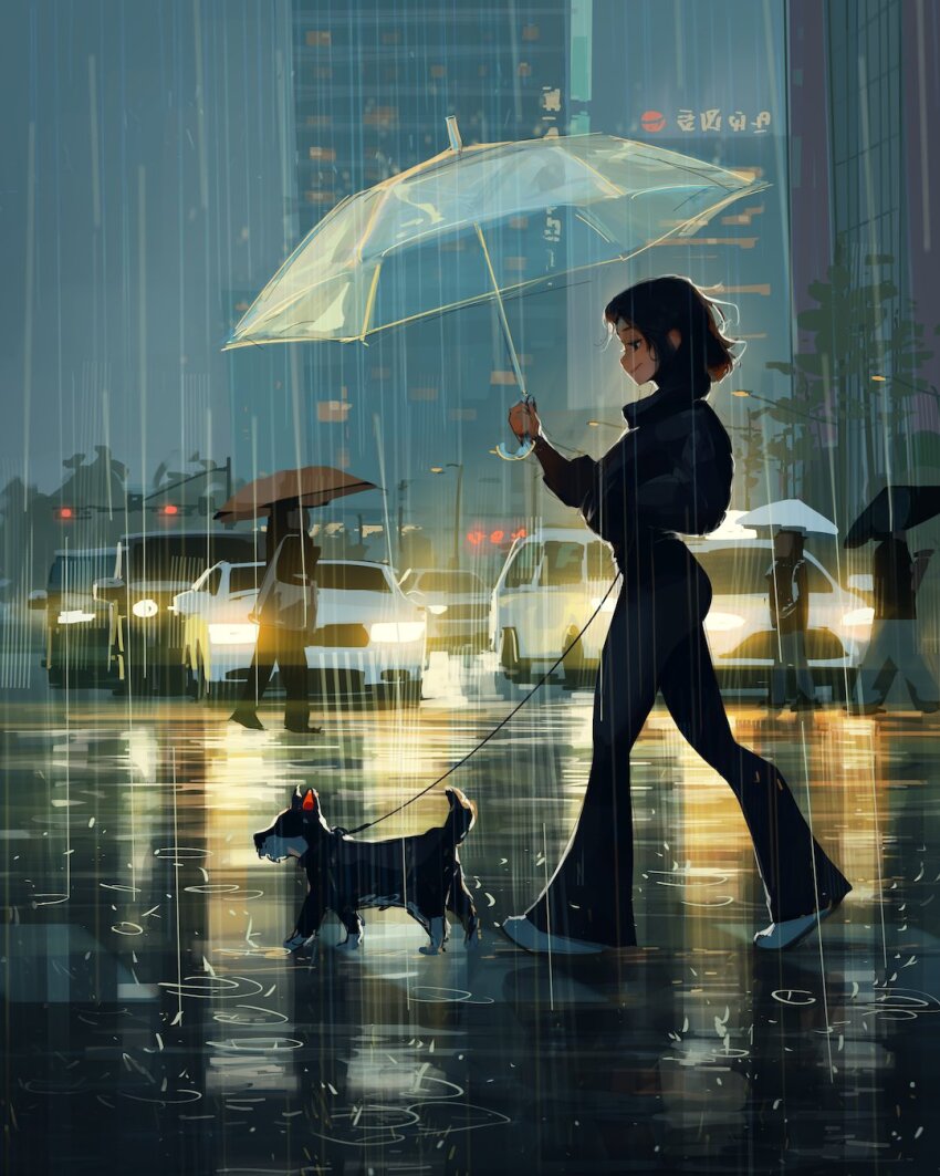 1girl animal black_coat black_eyes black_hair black_pants building car cityscape closed_mouth coat commentary crosswalk dog english_commentary from_side full_body hand_up highres holding holding_leash holding_umbrella lamppost leash long_sleeves looking_at_animal looking_down motor_vehicle original outdoors pants people pet_walking profile rain road sam_yang shoes short_hair sidelocks skyscraper smile solo_focus splashing street traffic_light transparent transparent_umbrella umbrella walking white_car white_shoes