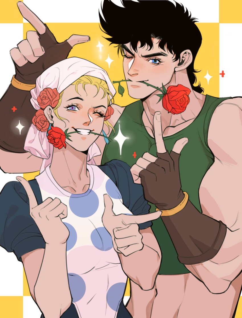 1boy 1girl apron bandana bare_shoulders battle_tendency biceps black_hair blonde_hair blue_dress blue_eyes crop_top dress finger_gun fingerless_gloves flower gloves hat hat_flower highres jojo_no_kimyou_na_bouken joseph_joestar joseph_joestar_(young) midriff muscular muscular_male one_eye_closed polka_dot polka_dot_apron puffy_short_sleeves puffy_sleeves red_flower red_rose rose short_sleeves spadelake suzi_q