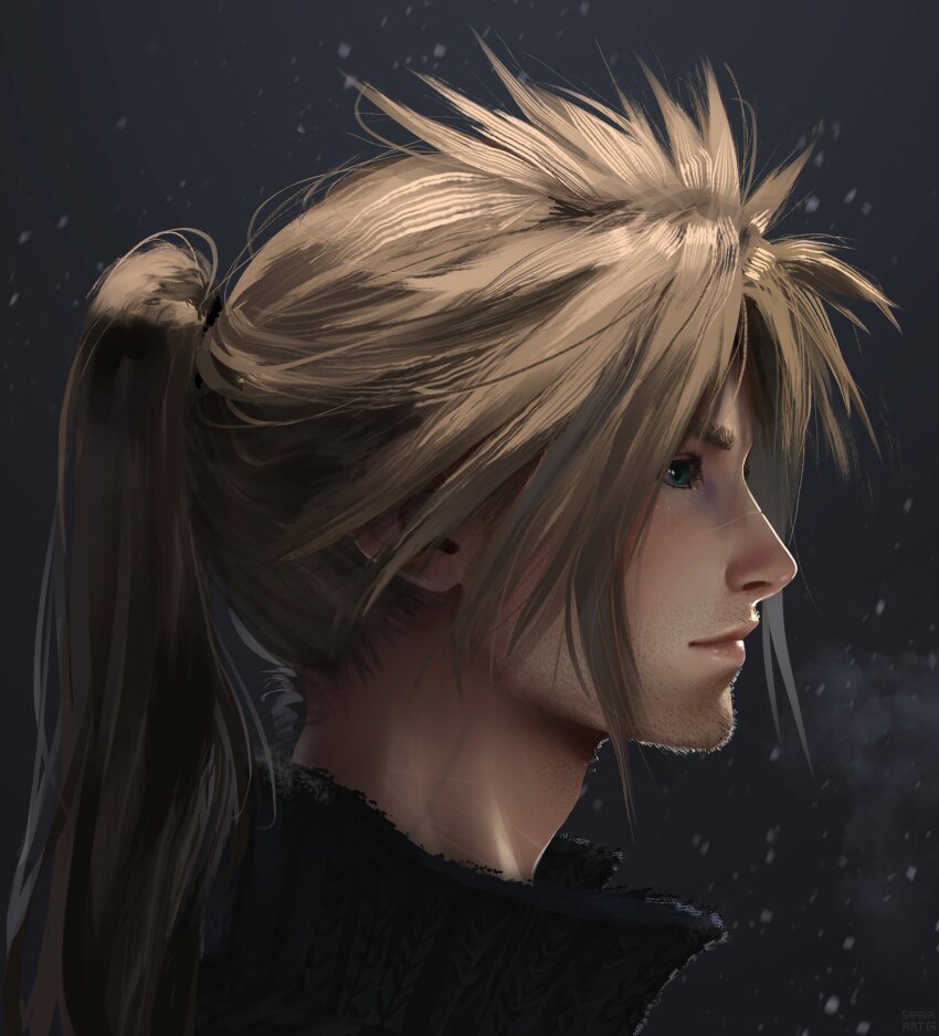 1boy absurdres aged_up birthday blonde_hair blue_eyes closed_mouth cloud_strife commentary english_commentary facial_hair final_fantasy final_fantasy_vii from_side high_ponytail highres lips long_hair male_focus ponytail portrait profile safaia solo spiked_hair upper_body
