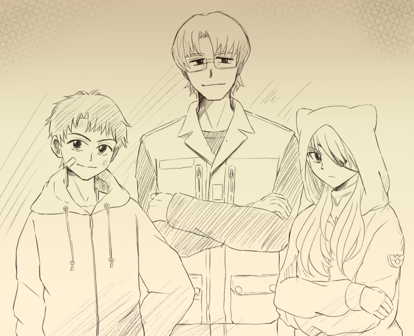 1girl 2boys aida_kensuke beard coat crossed_arms evangelion:_3.0+1.0_thrice_upon_a_time expressionless eyepatch facial_hair glasses grin hair_between_eyes hand_on_own_hip hood hood_up long_hair looking_at_viewer mecha_pilot_suit multiple_boys rebuild_of_evangelion ryoji_kaedo smile souryuu_asuka_langley