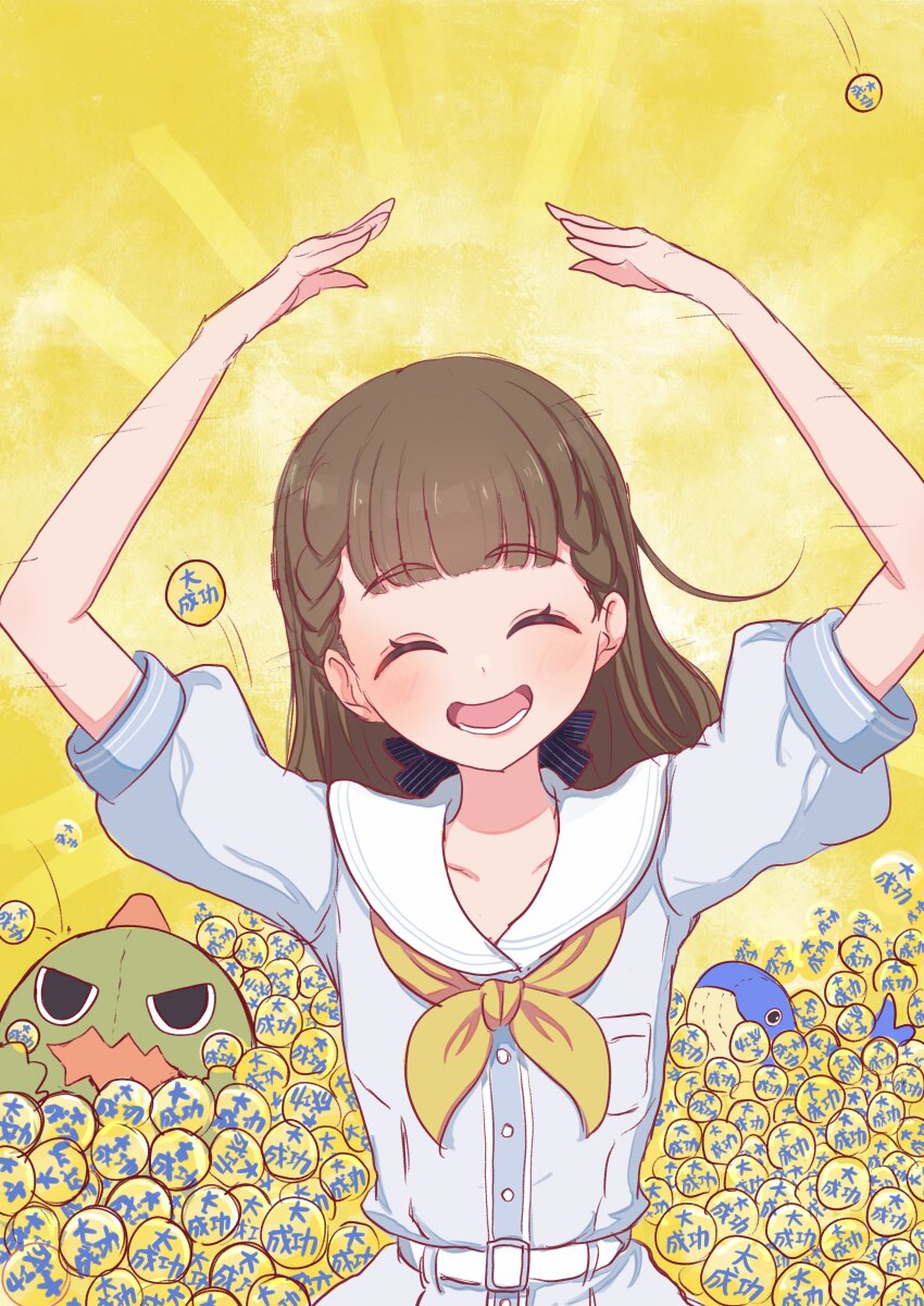 1girl ^_^ absurdres alt_text arms_up badge blunt_bangs braid breast_pocket brown_hair button_badge center-flap_bangs closed_eyes collarbone commentary_request dress facing_viewer hasu_no_sora_school_uniform highres kachimachi_kosuzu link!_like!_love_live! long_hair love_live! motion_lines neckerchief o_arms open_mouth pocket sailor_collar sailor_dress school_uniform seiha_(hnumkt) short_sleeves side_ahoge side_braids smile solo straight-on straight_hair stuffed_dinosaur stuffed_whale summer_uniform too_many translation_request upper_body virtual_youtuber white_dress white_sailor_collar yellow_background yellow_neckerchief