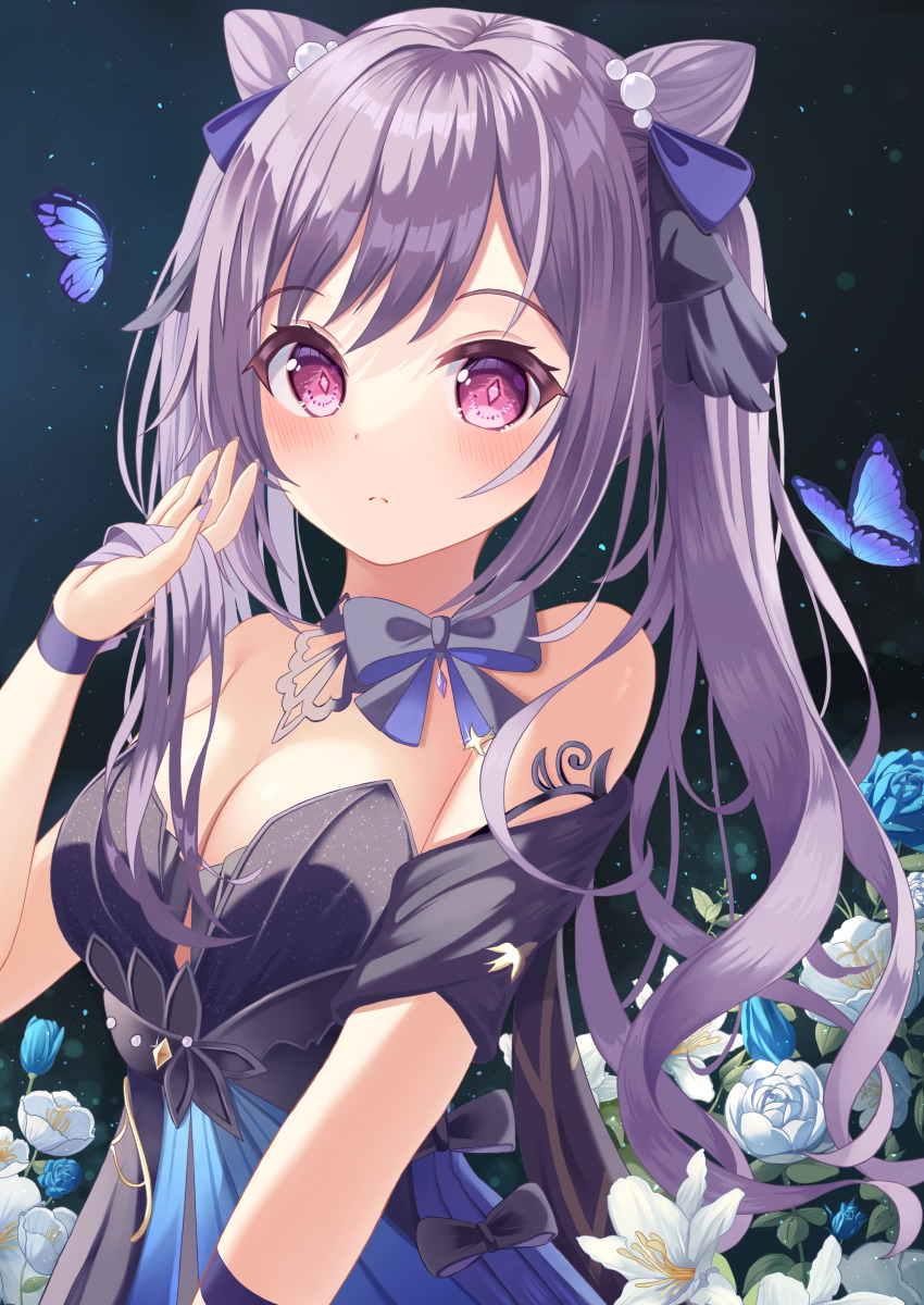 absurdres bow bow_choker choker cone_hair_bun diamond-shaped_pupils diamond_(shape) double_bun dress genshin_impact hair_bun hair_ears highres keqing_(genshin_impact) keqing_(opulent_splendor)_(genshin_impact) multicolored_dress pearl_hair_ornament purple_eyes purple_hair sho_(66280973) strapless strapless_dress symbol-shaped_pupils twintails