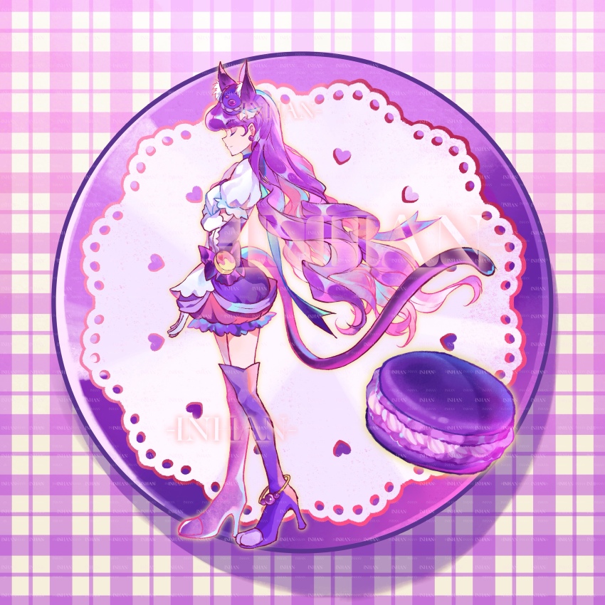 1girl absurdres animal_ear_fluff animal_ears artist_name boots bow bubble_skirt cat_ears cat_girl cat_tail center_frills chinese_commentary choker closed_eyes closed_mouth commentary_request cure_macaron dress earrings food food-themed_hair_ornament frilled_skirt frilled_sleeves frills from_side full_body gloves gold_anklet hair_ornament hand_on_own_chest happy heart high_heel_boots high_heels highres inhan jewelry kirakira_precure_a_la_mode kotozume_yukari long_hair macaron magical_girl miniskirt outline paw_shoes pink_skirt plaid_background plate pointy_nose precure puffy_short_sleeves puffy_sleeves purple_background purple_boots purple_bow purple_choker purple_dress purple_hair purple_theme shadow short_dress short_sleeves skirt skirt_under_dress smile solo sphere_earrings standing tail thigh_boots very_long_hair waist_bow watermark wavy_hair white_gloves white_sleeves yellow_outline
