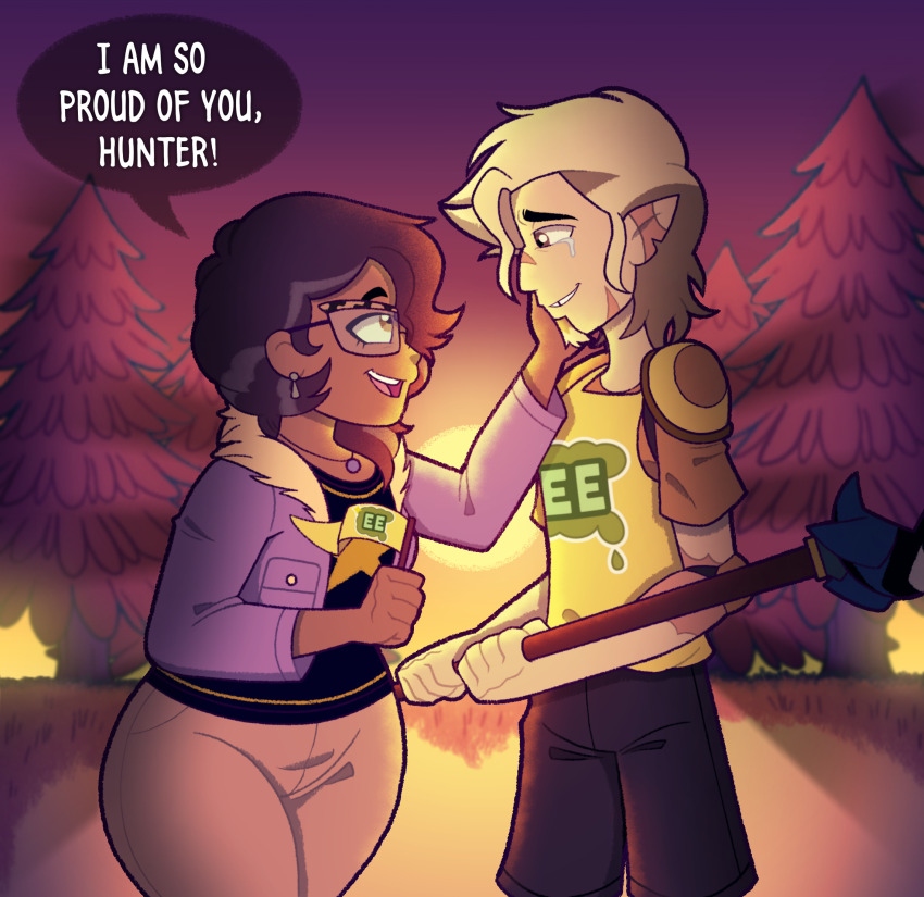 1boy 1girl camila_noceda commentary crying english_commentary english_text hand_on_another&#039;s_face highres hunter_(the_owl_house) painterly smile speech_bubble sunset tears the_owl_house tonyneely