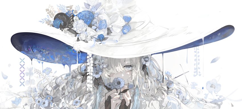 1girl absurdres anemone_(flower) asamineru blue_eyes blue_flower blue_hair blue_rose covering_own_mouth downer_witch_(vocaloid) fingerless_gloves flower flower_ornament gloves hair_flower hair_ornament hair_over_one_eye highres holding holding_flower isekaijoucho kamitsubaki_studio long_hair multicolored_hair one_eye_covered rose sidelocks simple_background solo wavy_hair white_flower white_hair