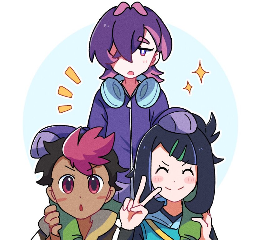 1boy 2girls black_hair blue_hair blush closed_eyes closed_mouth colored_inner_hair cowlick dark-skinned_male dark_skin dot_(pokemon) eyelashes hair_bun hair_ornament hair_over_eyes hairclip hand_on_another&#039;s_head headphones jacket liko_(pokemon) long_sleeves looking_at_viewer multicolored_hair multiple_girls ni12345670 nintendo open_clothes open_mouth pink_hair pokemon pokemon_(anime) pokemon_horizons purple_eyes purple_hair roy_(pokemon) shirt short_hair short_sleeves sleeves_past_fingers sleeves_past_wrists smile two-tone_hair v vest zooming_in
