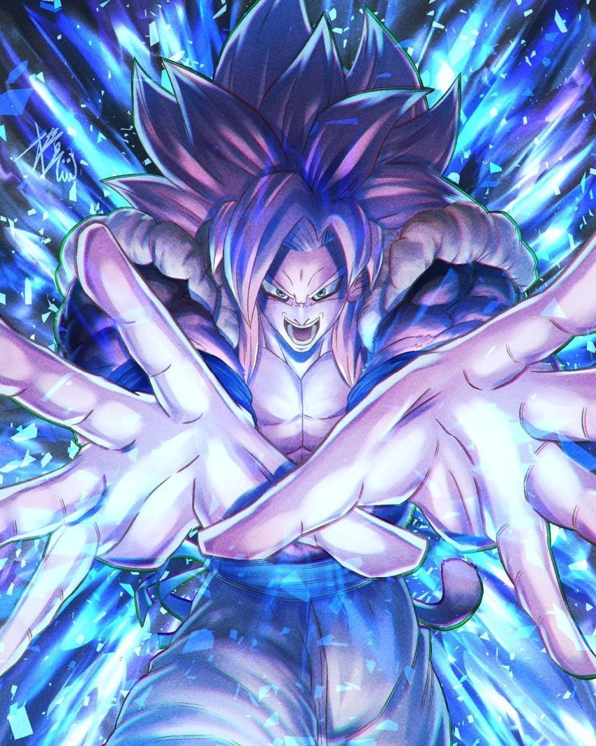 big_bang_kamehameha blue_eyes body_fur brown_fur dragon_ball dragon_ball_gt gogeta highres incoming_attack kamehameha_(dragon_ball) kusu_den metamoran_vest monkey_boy monkey_tail obi open_mouth outstretched_arm outstretched_hand pants red_hair sash solo spiked_hair super_saiyan super_saiyan_4 tail white_pants wristband