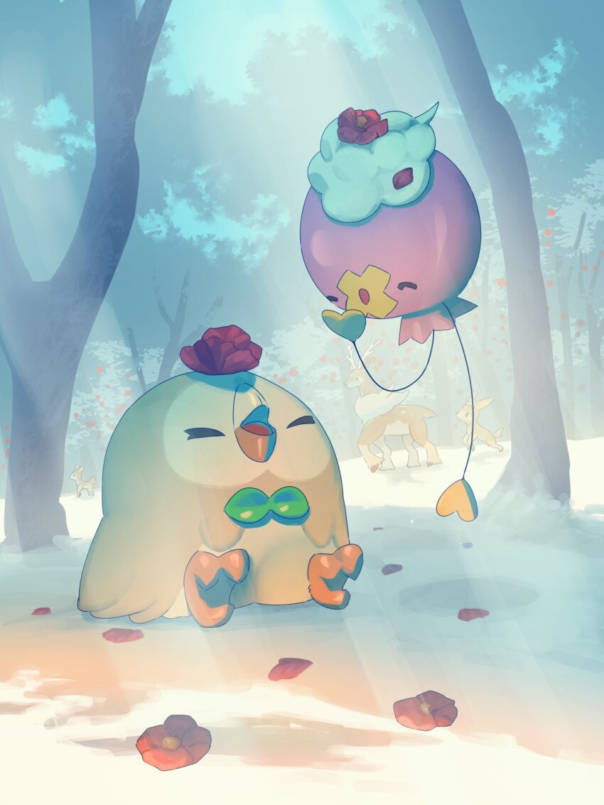 closed_eyes commentary_request day deerling drifloon gen_4_pokemon gen_5_pokemon gen_7_pokemon highres mokukitusui nintendo no_humans open_mouth outdoors petals pokemon pokemon_(creature) rowlet sawsbuck sawsbuck_(winter) sitting smile tree walking