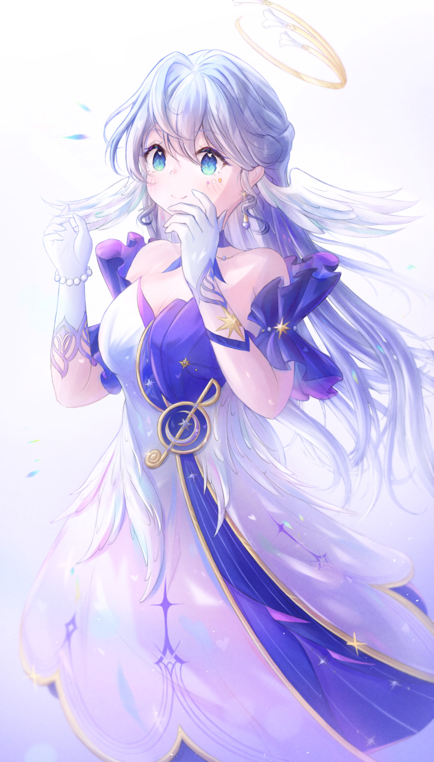1girl bare_shoulders blue_eyes breasts cleavage closed_mouth collarbone dress earrings feathered_wings gloves gold_halo head_wings highres honkai:_star_rail honkai_(series) jewelry long_hair medium_breasts musical_note purple_hair robin_(honkai:_star_rail) simple_background smile snowpix solo strapless strapless_dress very_long_hair white_background white_dress white_gloves wings