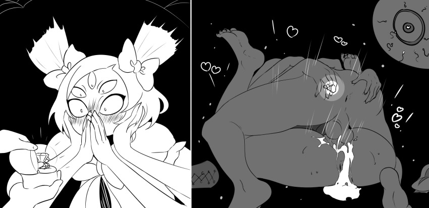 1boy 1girl arthropod_girl blush cum cum_in_pussy extra_arms extra_eyes fertilization haaru heart hetero highres impregnation insect_girl marriage_proposal mating_press monster_girl muffet nude ovum sex short_hair spider_girl surprised twintails undertale