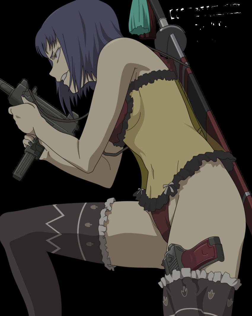 428 428:_fuusa_sareta_shibuya_de black_hair canaan_(series) chunsoft derivative_work gun highres liang_qi lingerie non-web_source short_hair solo sword thighhighs transparent_background underwear vector_trace weapon