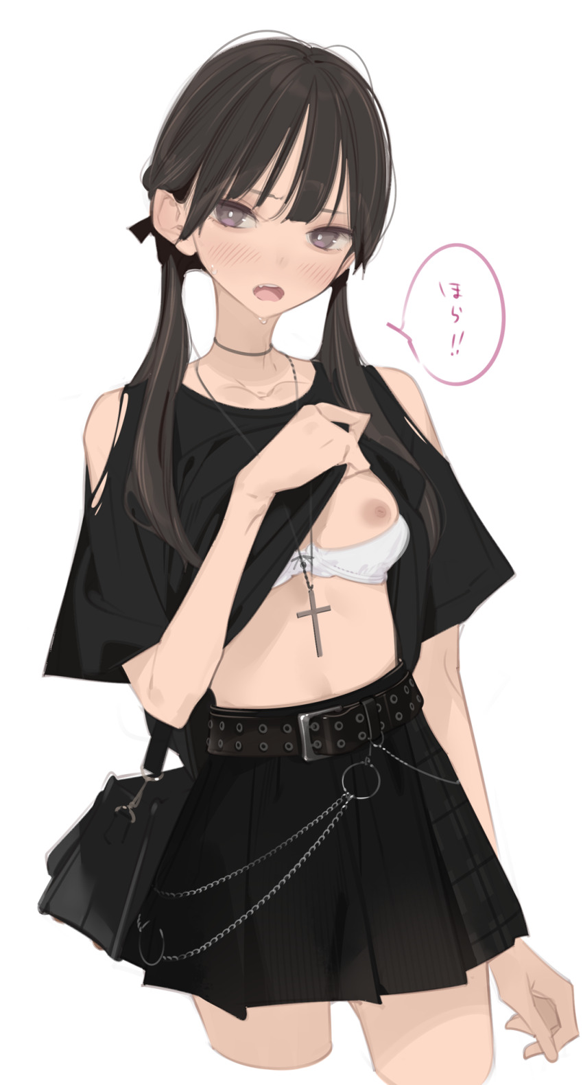 1girl ama_mitsuki bag belt black_bag black_hair black_shirt black_skirt blush bra bra_pull breasts bright_pupils brown_eyes clothes_lift clothes_pull clothing_cutout cropped_legs cross cross_necklace fang highres jewelry lifting_own_clothes long_hair low_twintails miniskirt necklace nipples one_breast_out open_mouth original pleated_skirt presenting presenting_breasts shirt shirt_lift shoulder_bag shoulder_cutout simple_background skirt small_breasts solo sweat translation_request twintails underwear white_background white_bra white_pupils