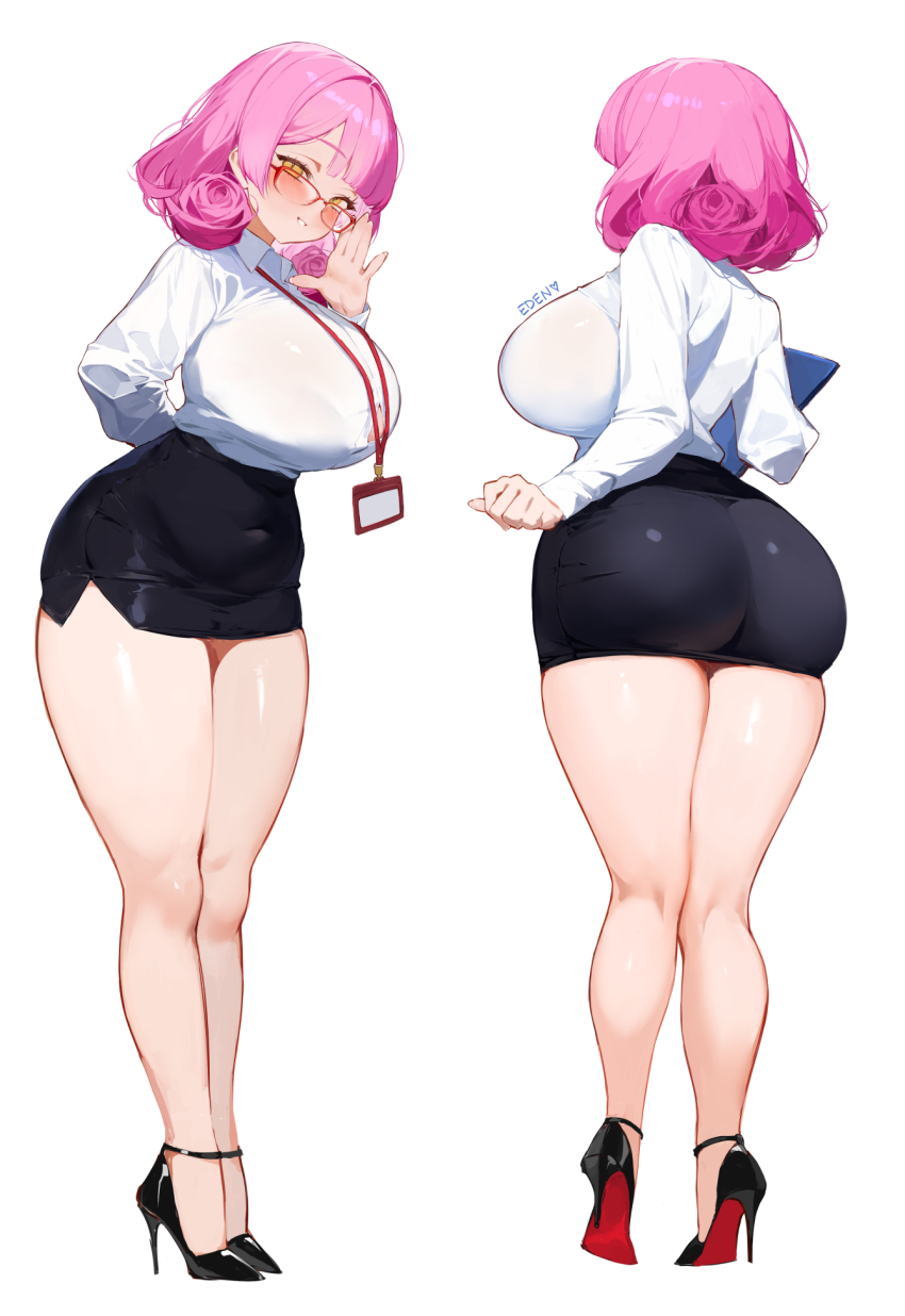 1girl ass breasts covered_navel eden_(shiroki_yuutsu) facing_away facing_viewer formal_clothes highres huge_ass multiple_views office_lady original pencil_skirt pink_hair simple_background skin_tight skirt skirt_suit smile solo suit taut_clothes thick_thighs thighs vanilla_(eden_(shiroki_yuutsu)) white_background yellow_eyes