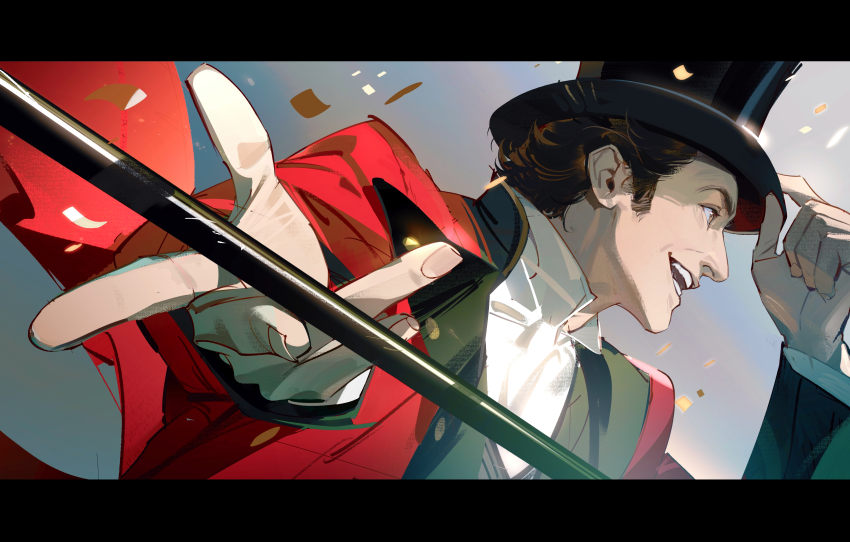 1boy absurdres adjusting_clothes adjusting_headwear black_hair cane confetti fingernails grey_background hat highres jacket letterboxed looking_ahead male_focus open_mouth p.t._barnum red_jacket ringmaster shirt short_hair sideburns solo the_greatest_showman tobu_(bilibil) top_hat white_shirt