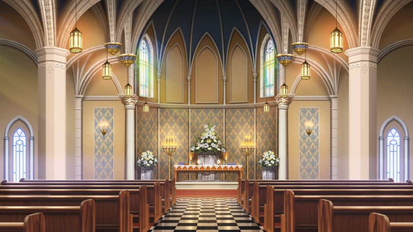 arched_window ceiling_light chandelier checkered_floor church flower glowing highres indoors no_humans non-web_source official_art our_life:_beginnings_and_always pew plant potted_plant scenery stained_glass table white_flower window